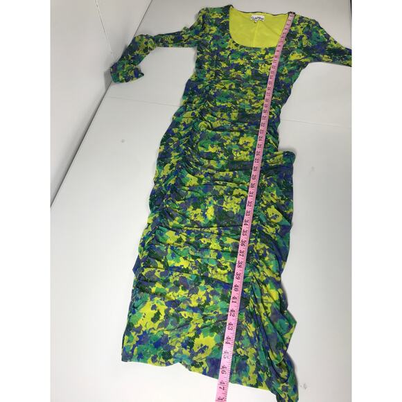 GANNI Ruched Mesh Dress Sulphur Spring Green Yellow Floral Midi 38 Wedding Guest - Picture 13 of 14